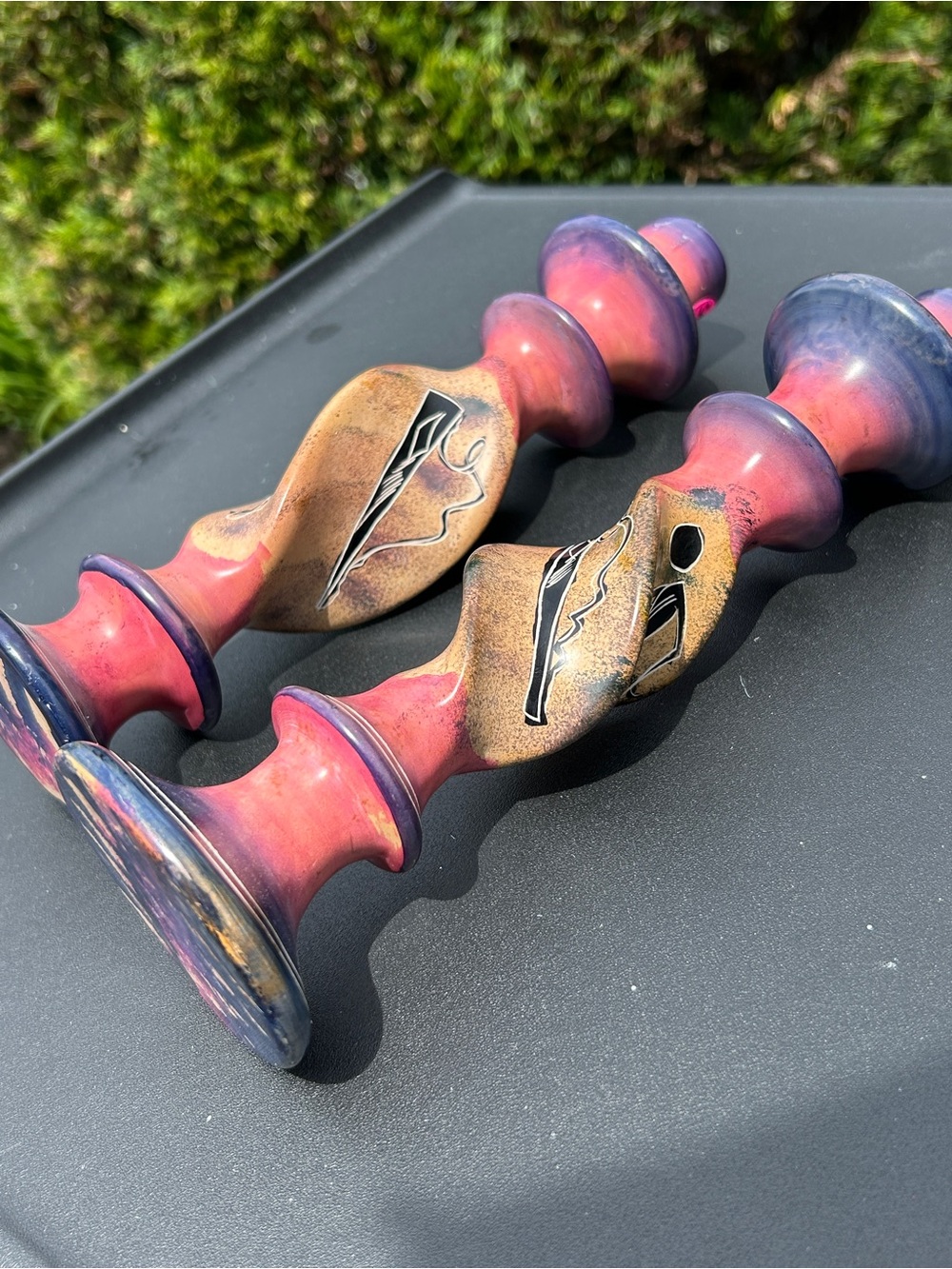 Handpainted Ceramic Candlestick Holders in Pink and Blue